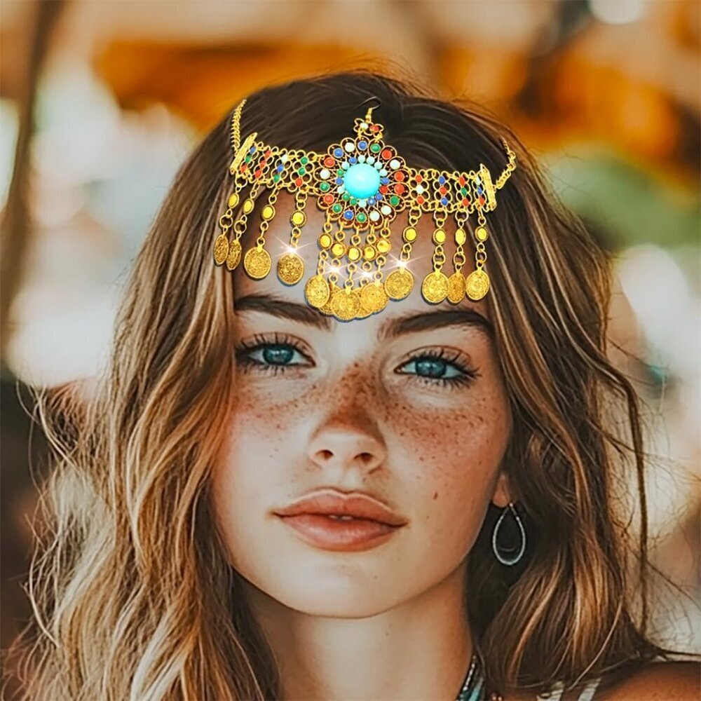 Boho Gold Head Chain Coins Headpiece Jewelry Festival Accessory for Women Girls - Picture 4 of 7